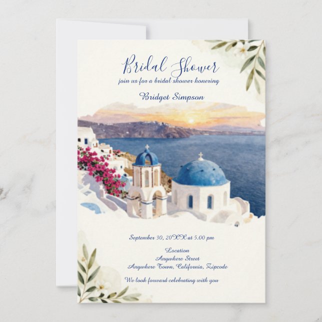 Convite Casamento de destino Santorini Blue (Frente)