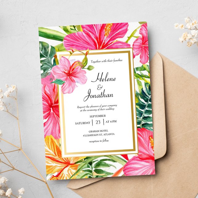 Convite Casamento de Destino Tropical de Hibiscus Watercol (Hibiscus Watercolor Tropical Destination Wedding Invitation)