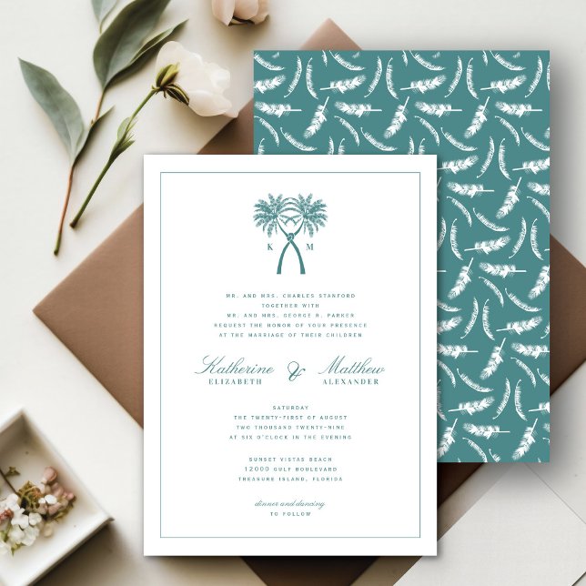 Convite Casamento de Destino Tropical de Palmeiras (Knotted Palm Trees Tropical Destination Wedding Invitation @ fatfatin_blue_knot)