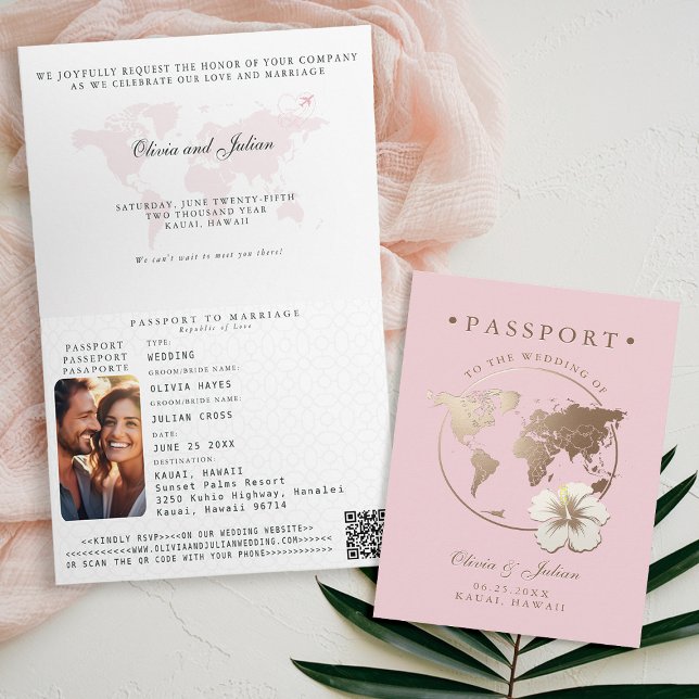 Convite Casamento de Destino Tropical de Passport Hibiscus (passport wedding invitation card destination getaway tropical hawaii pink gold hibiscus floral)