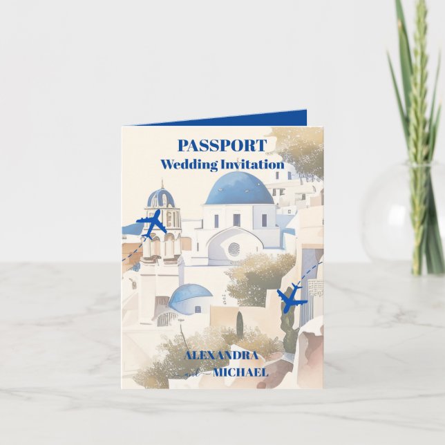 Convite Casamento de Destino Watercolor Santorini (Frente)