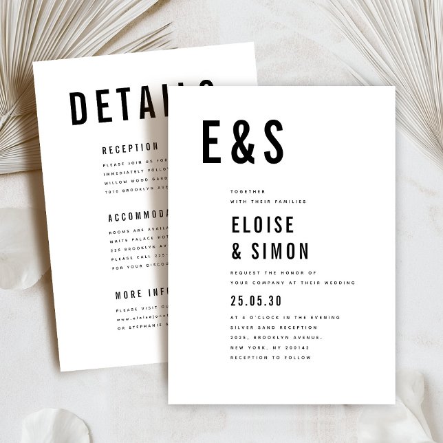 Convite Casamento de Detalhe do Monograma de Grande Negrit (Modern minimalist bold initials typography  details wedding invitation)