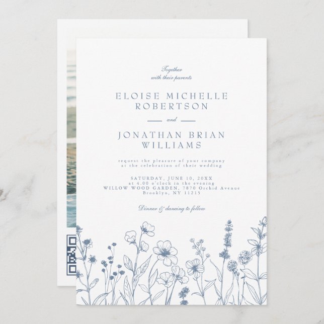 Convite Casamento de Detalhes de Flores Selvagem Minimalis (Frente/Verso)