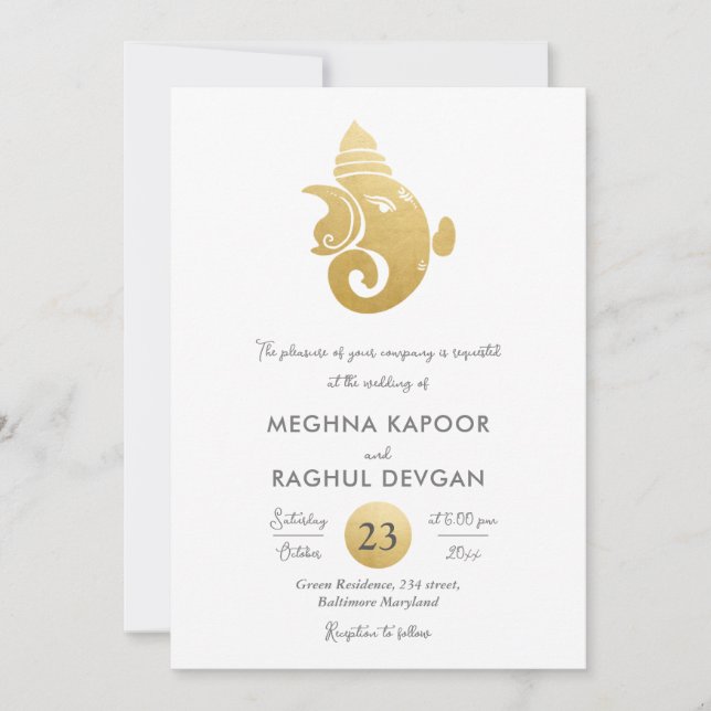 Convite Casamento de Deus Indiano Clássico Faux Gold Foil  (Frente)