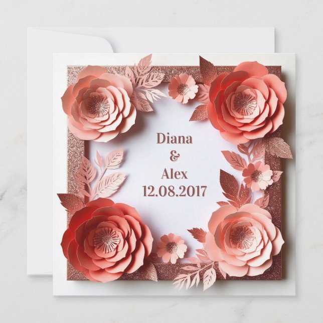 Convite Casamento de Diamante Floral Rosa (Frente)
