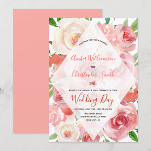 Convite Casamento de diamante geométrico coral floral da