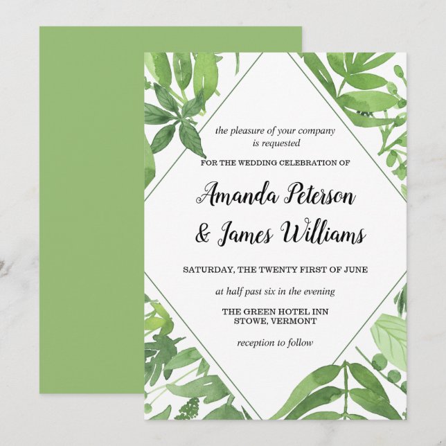 Convite Casamento de diamante verde-prado de Chic Watercol (Frente/Verso)