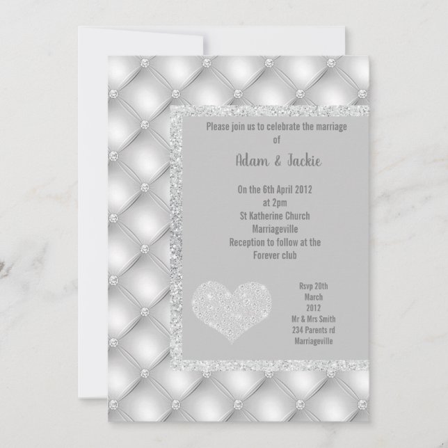 CONVITE CASAMENTO DE DIAMANTES DE CINZA DE PRATA ELEGANTE (Frente)