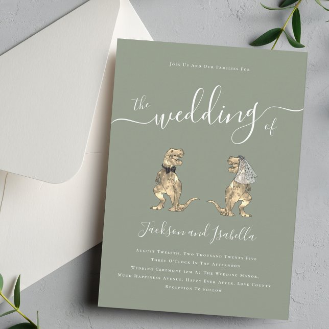 Convite Casamento de Dinossauro Boho Verde Sage (Whimsical boho Dinosaur T-Rex bride and groom elegant sage green wedding invitation )