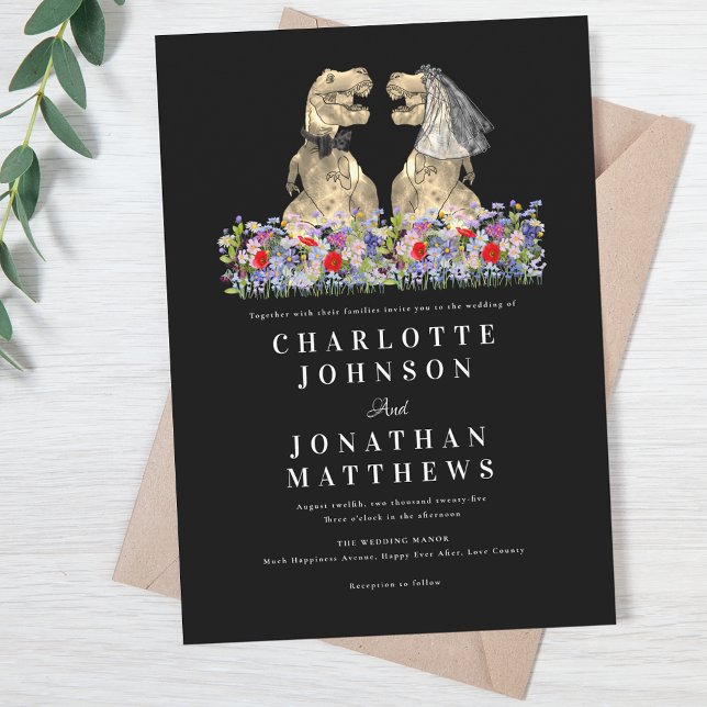 Convite Casamento de Dinossauro Preto e Branco de Flor Sil (Wildflower boho rustic Dinosaur black and white wedding invitation Fun T-Rex bride & groom dino)
