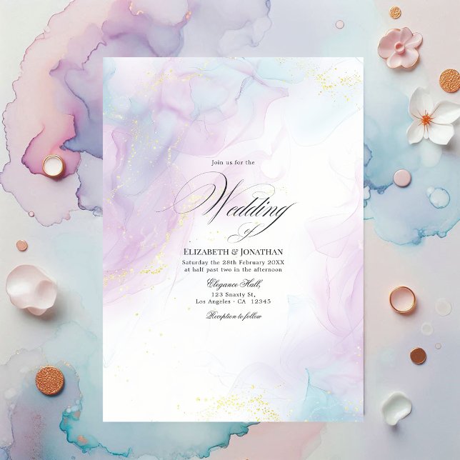 Convite Casamento de Dourada e Azul Pastel (Soft Pastel Blue and Gold Alcohol Ink Wedding Invitation)