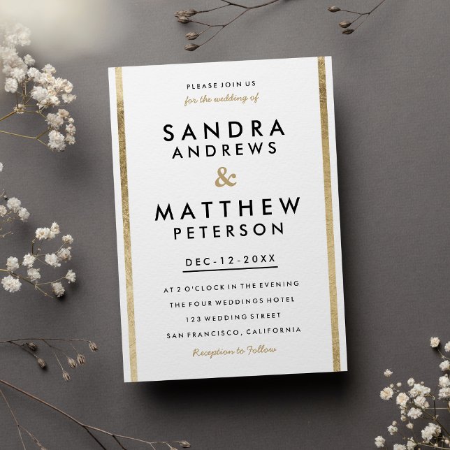 Convite Casamento de Douradas faixas brancas Elegantes Min (Minimalist Elegant Chic White Gold Stripes Wedding )