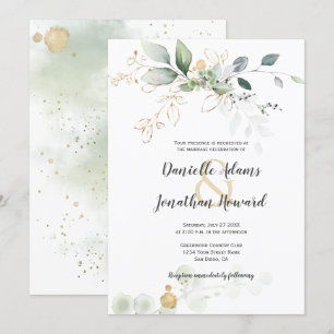 Convite Casamento de Dourados Sparkles, Botânicos Verdes e