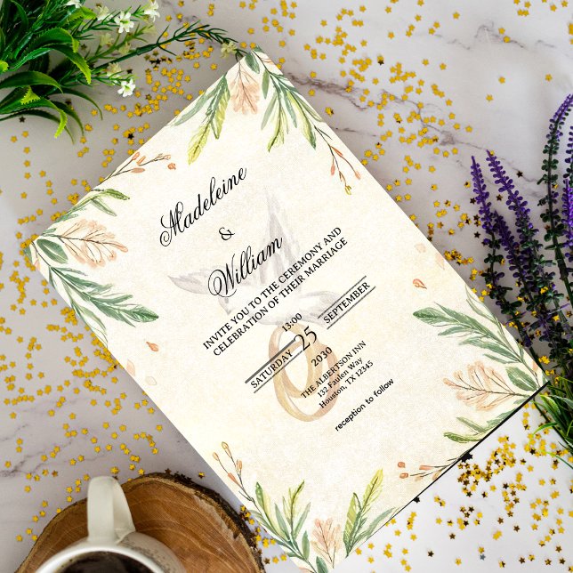 Convite Casamento de Dove e Anéis Botânicos Elegantes (Criador carregado)