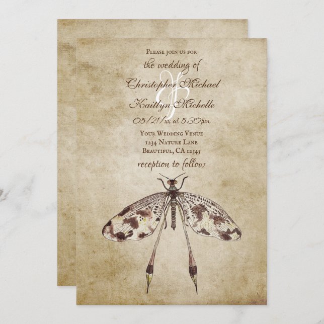 Convite Casamento de Dragonfly Vintage Simples (Frente/Verso)