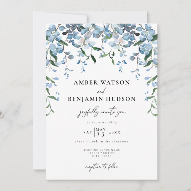 Convite Casamento de Dusty Blue Elegant Floral Watercolor (Frente)
