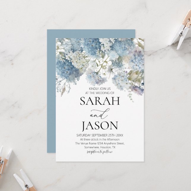 Convite Casamento de Dusty Blue Floral Elegante (Frente/Verso In Situ)