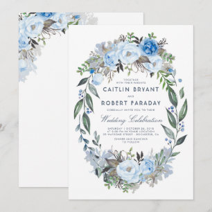 Convite Casamento de Dusty Blue Floral Elegante Watercolor