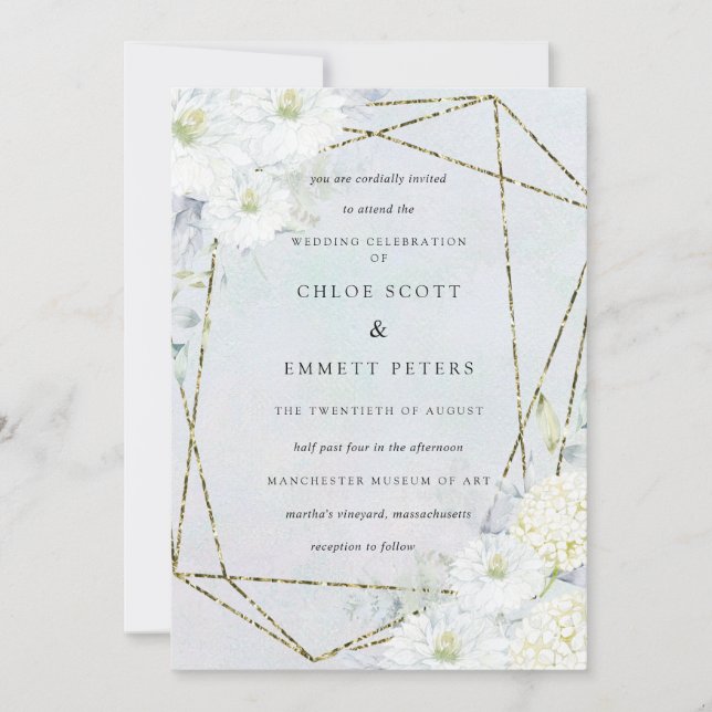 Convite Casamento de Dusty Blue Floral Watercolor Branco (Frente)