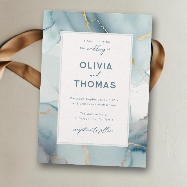 Convite Casamento de Dusty Blue Modern Frame Elegante Teal (dusty blue beach wedding invitation gold waves modern frame elegant bohemian romantic calligraphy )