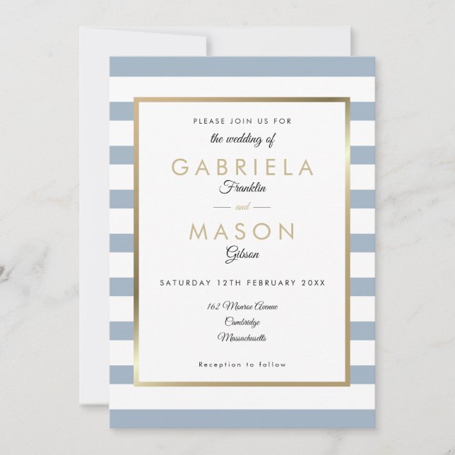 Convite Casamento de Dusty Blue Stripe| Faux Gold Foil (Frente)