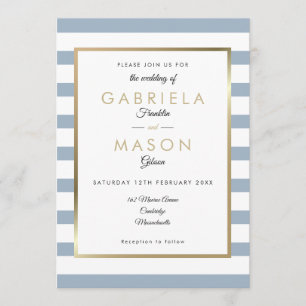 Convite Casamento de Dusty Blue Stripe  Faux Gold Foil
