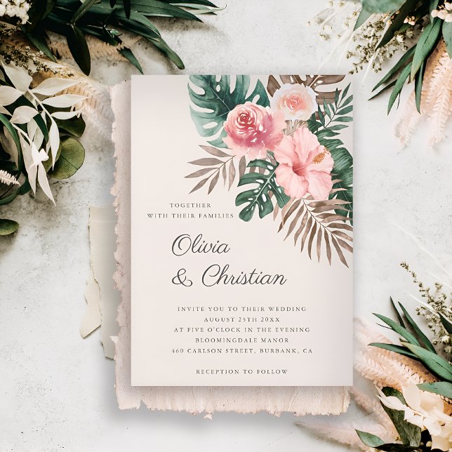 Convite Casamento de Dusty Pink Modern Tropical Watercolor (Criador carregado)
