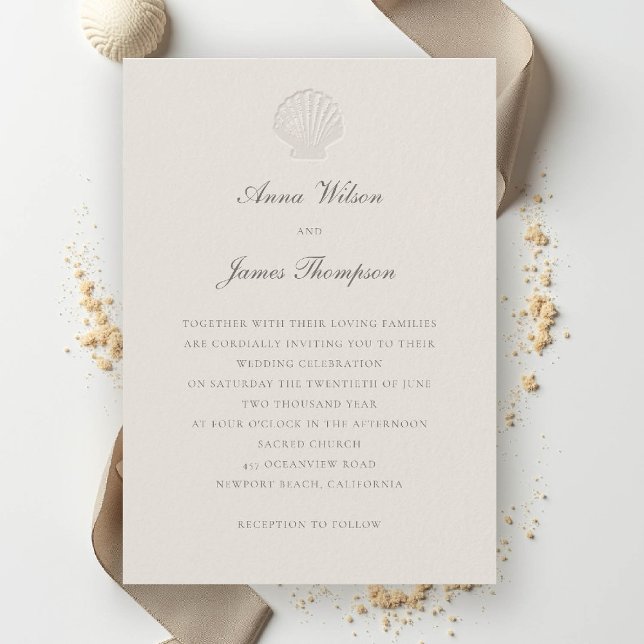 Convite Casamento de Ecru Clássico Formal de Shell Náutico (nautical coastal wedding invitation modern classic formal traditional elegant shell ecru)