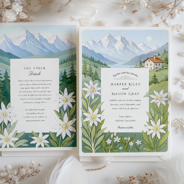 Convite Casamento de Edelweiss, Suiça de Aquarela (Criador carregado)