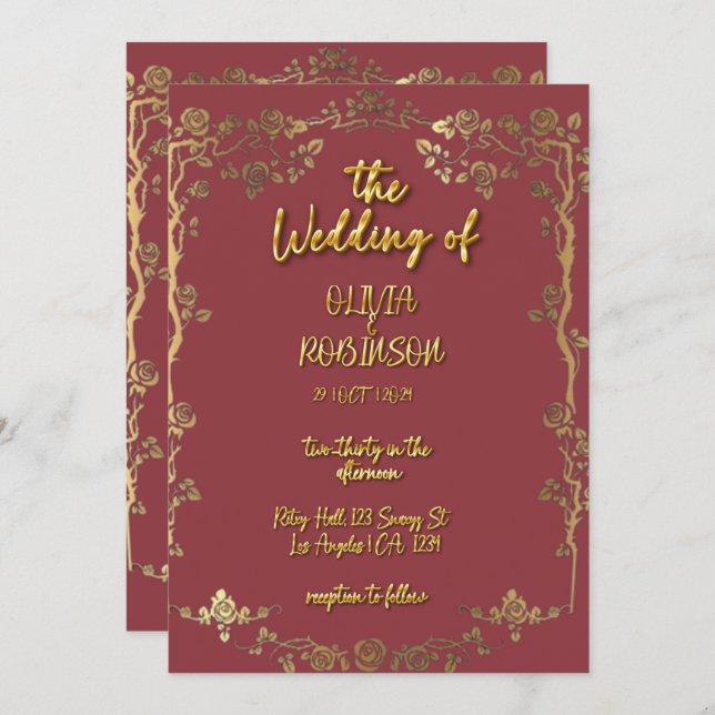 Convite Casamento de Efeito de Texto 3D para Borgonha e Ou (Frente/Verso)