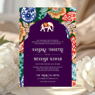 Convite Casamento de EggPlant com Elefante de Arte Popular