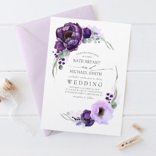 Convite Casamento de EggPlant Purple Peony e Greenery Silv