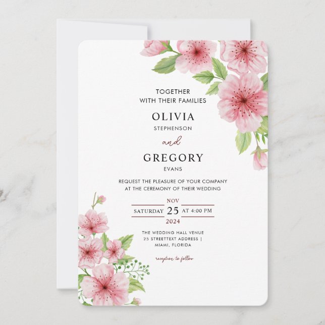 Convite Casamento de Elegance Primavera Watercolor Cherry  (Frente)