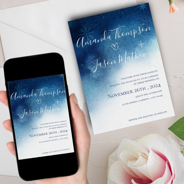 Convite Casamento de Elegância Branca Azul com Floco de Ne (Blue White Whimsical Snowflake Elegance Wedding Invitation)