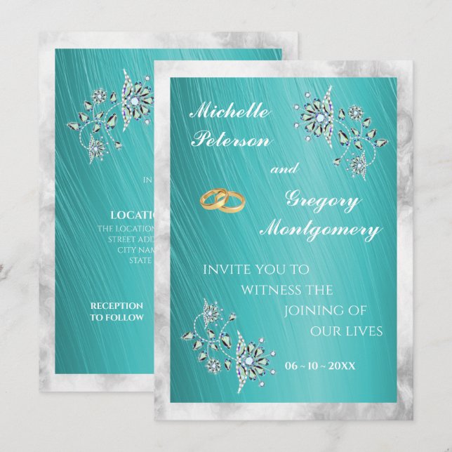 Convite Casamento de Elegância com Rhinestone e Mármore Az (Frente/Verso)