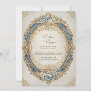 Convite Casamento de Elegância Floral Azul com Quadro Dour