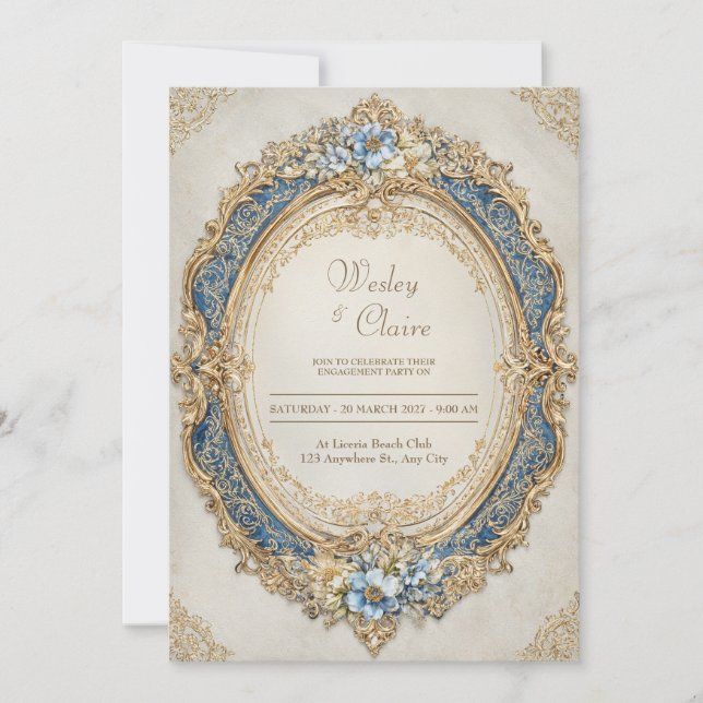 Convite Casamento de Elegância Floral Azul com Quadro Dour (Frente)