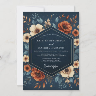 Convite Casamento de Elegância Floral Azul Naval de Outono