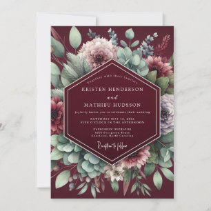 Convite Casamento de Elegância Floral Borgonha Mal-humorad