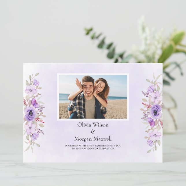 Convite Casamento de Elegância Floral Roxo Salve a Data (Em pé/Frente)