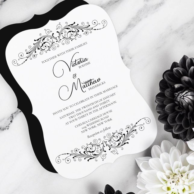 Convite Casamento de Elegância Floreada Negra e Branca (Black and white elegance for a beautiful wedding with a color scheme that can be done any season.)