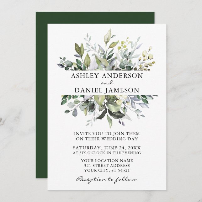 Convite Casamento de Elegante Aquarela Verde Botânico (Frente/Verso)
