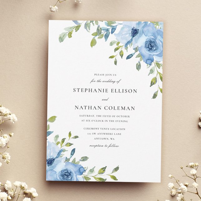 Convite Casamento de Elegante Blue Floral Greenery (Criador carregado)