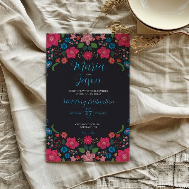 Convite Casamento de Elegante Boda Colorida Floral Marinho (Mexican Navy Floral Colorful Elegant Boda Wedding Invitation)