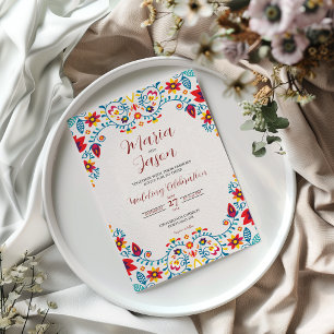 Convite Casamento de Elegante Boda, Colorido Floral Mexica