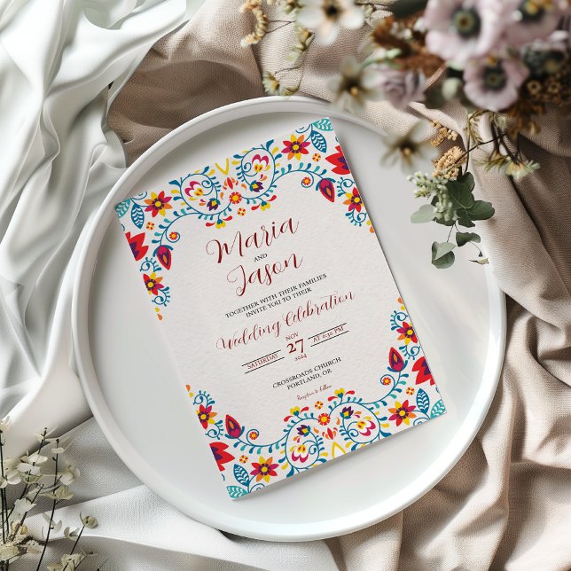 Convite Casamento de Elegante Boda, Colorido Floral Mexica (Mexican Floral Colorful Elegant Boda Wedding Invitation)
