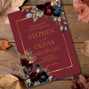 Convite Casamento de Elegante Burgundy Floral Blooms & Gre