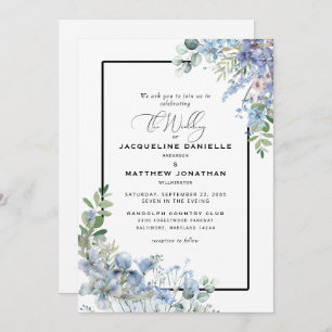 Convite Casamento de Elegante Dusty Blue Floral Greenery