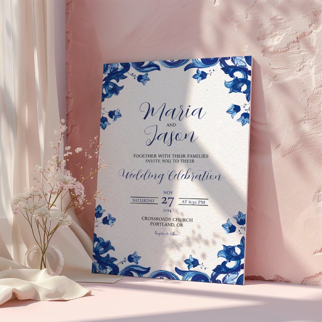 Convite Casamento de Elegante Fiesta Floral Azul Mexicano (Mexican Blue Floral Elegant Fiesta Wedding Invitation)