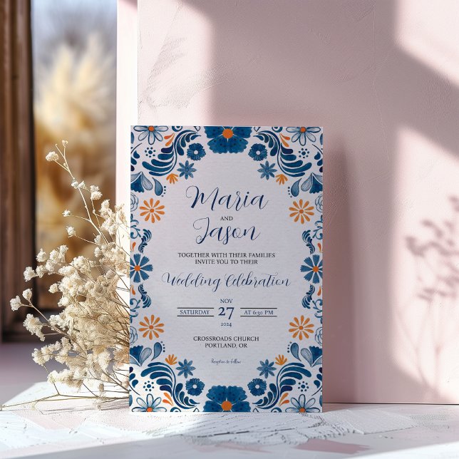 Convite Casamento de Elegante Fiesta Floral Azul Mexicano (Mexican Blue Orange Floral Elegant Fiesta Wedding Invitation)